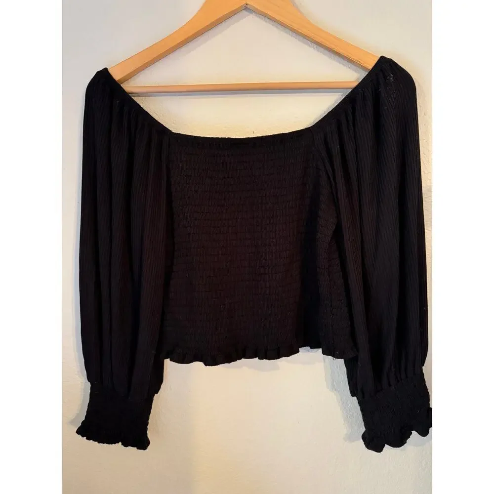 Anthropologie Black Smocked Puff-Sleeve Cropped Top Size S